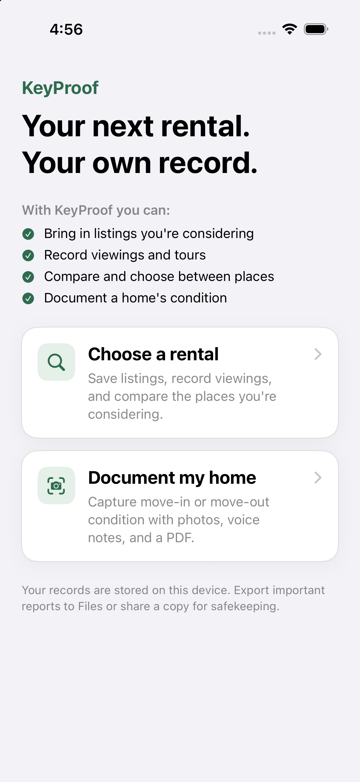 Current KeyProof app screen on iPhone showing rental saving and home documentation; the app name is being updated to TourPad.