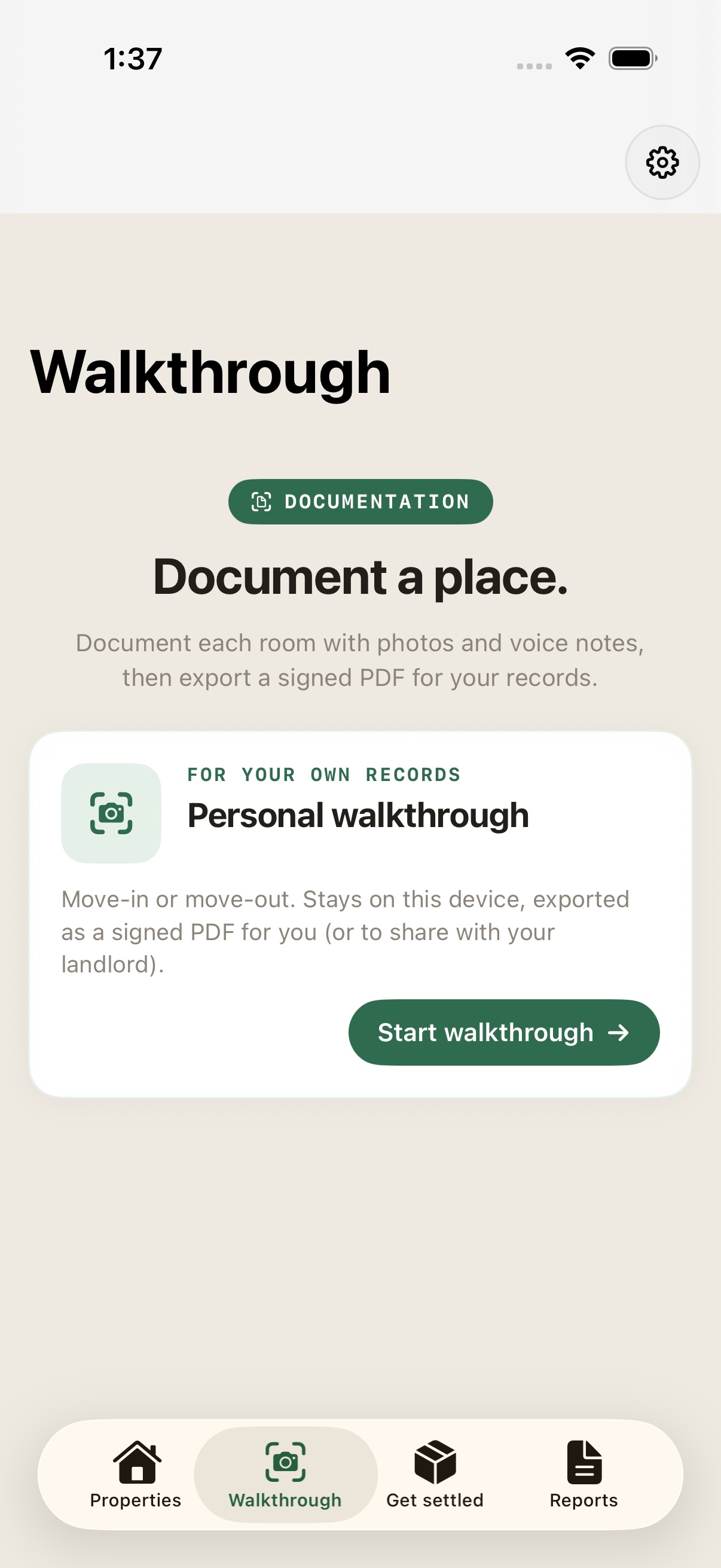 Current KeyProof app’s Walkthrough tab with the Personal walkthrough option for documenting a home.