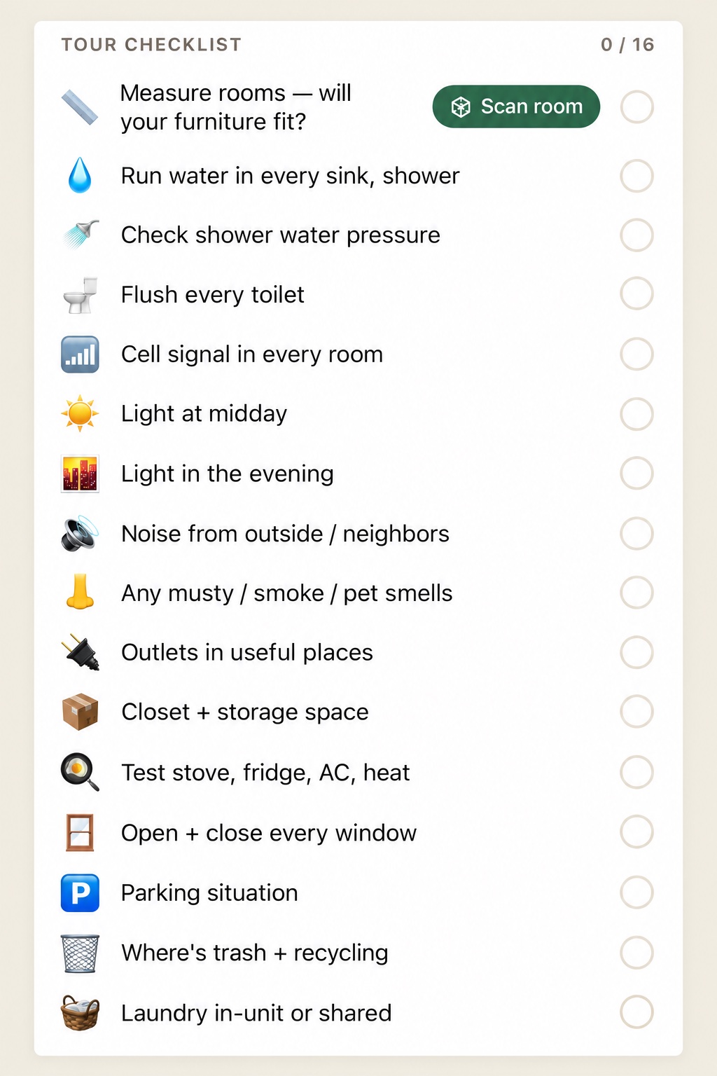 Current KeyProof app’s 16-item rental tour checklist, covering room measurements, plumbing, light, noise, storage, appliances and everyday amenities.